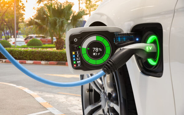 Electric vehicle changing on street parking with graphical user interface, Future EV car concept